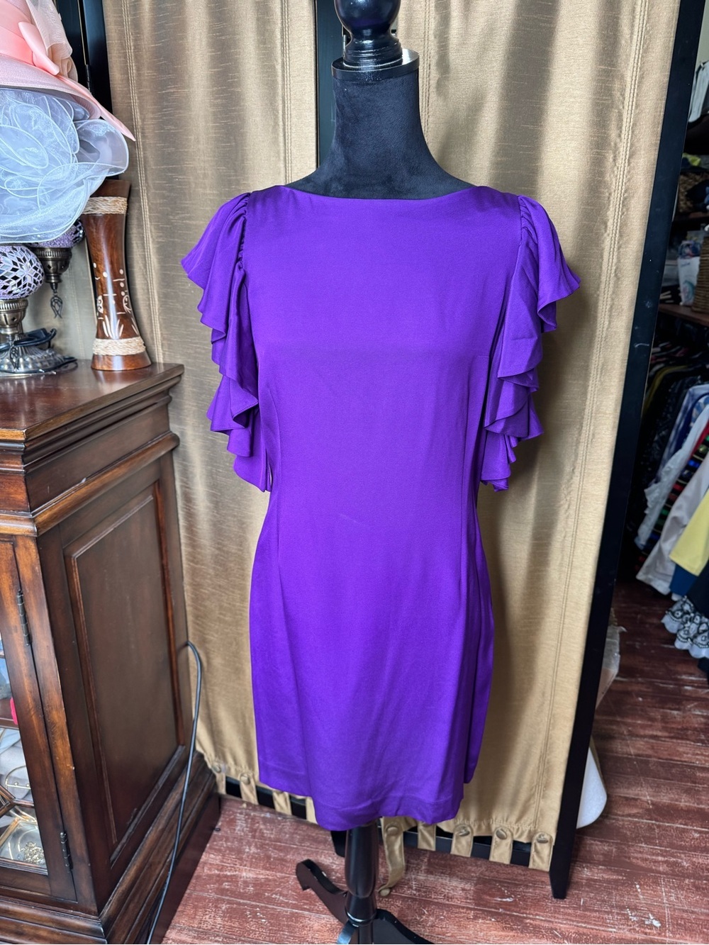Abaete Purple Sheath Mini Dress with Ruffled Flutter Sleeves - Picture 8 of 8